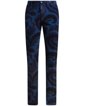 Etro Straight-Leg Ribbed Velvet Pants With Foliage Motif - Blue
