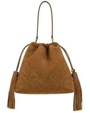 Etro Medium Suede Kalispera Bag With Patch And Tassels - Brown