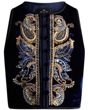 Etro Cropped Velvet Waistcoat With Paisley Foliage Embroidery - Black