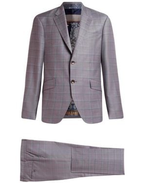 Etro Single-Breasted Wool Suit With Check Motif - Grey