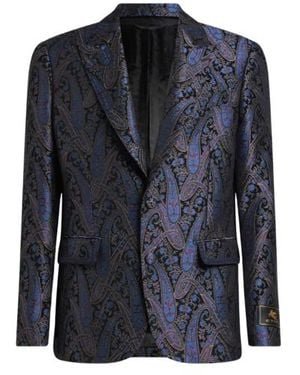 Etro Chenille Jacquard Single-Breasted Jacket With Metallic Paisley Motif - Blue