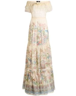 Etro Long Silk Dress With Placed Flora And Fauna Print - White