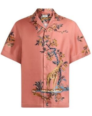 Etro Silk Bowling Shirt With Placed Flower And Animal Print - Red