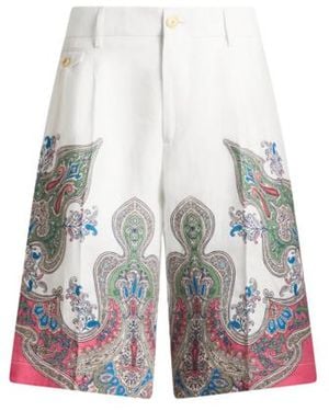 Etro Linen Shorts With Placed Floral Paisley Print - White