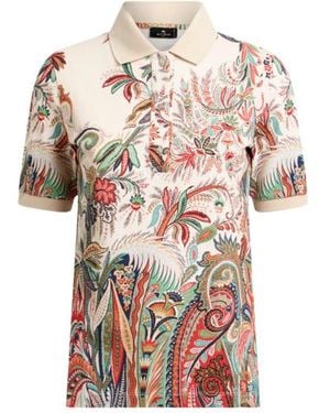 Etro Cotton Pique Polo Shirt With Paisley Foliage Motif - White