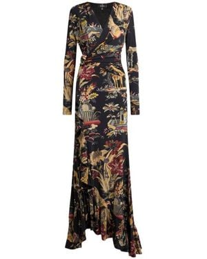 Etro Long Jersey Wrap Dress With Flower And Animal Motif - Black