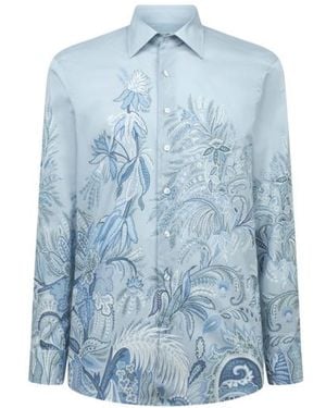 Etro Cotton Shirt With Placed Floral Print - Blue