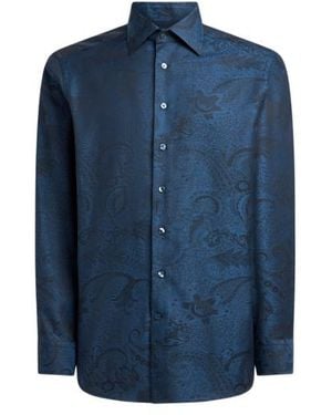 Etro Cotton Jacquard Shirt With Paisley Foliage Motif - Blue