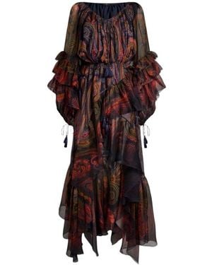 Etro Silk Midi Dress With Ruffles And Placed Paisley Print - Brown