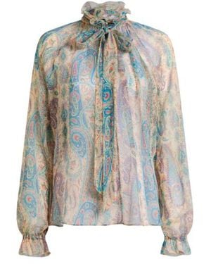 Etro Silk Crepon Blouse With Silk Scarf And Paisley Foliage Motif - Blue