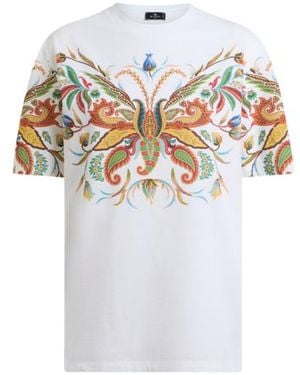 Etro Long Cotton T-Shirt With Placed Paisley Foliage Print - White