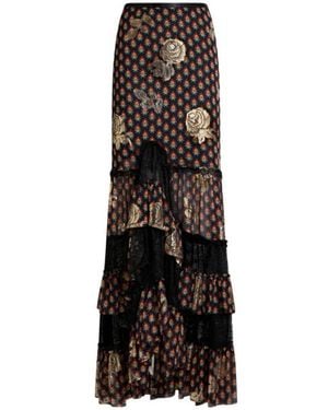 Etro Silk And Lace Maxi Skirt With Fil Coupé Roses And Tie-Inspired Motif - Black