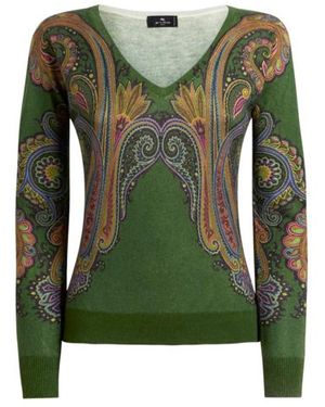 Etro Pull Col V En Soie Et Cachemire À Imprimé Paisley Placé, Femme, Taille - Vert