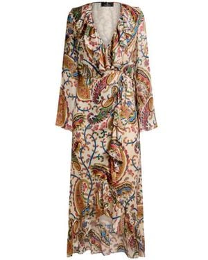 Etro Peau D'Ange Silk Long Wrap Dress With Floral Paisley Motif - Natural
