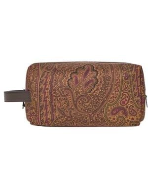 Etro Medium Nylon Pouch With Handle And Arnica Motif - Brown