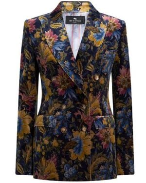 Etro Double-Breasted Cotton Velvet Jacket With Floral Overprint - Black