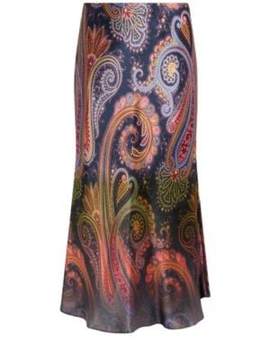 Etro Envers Satin Midi Skirt With Placed Degradé Paisley Print - White