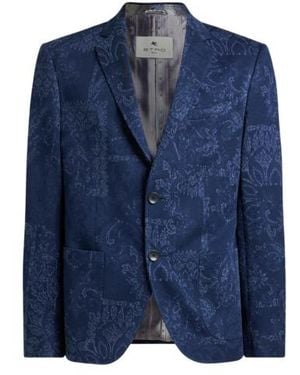 Etro Single-Breasted Cotton Jacquard Jacket With Floral Motif - Blue
