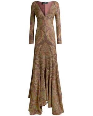Etro Long Jersey Dress With Floral Motif - Natural
