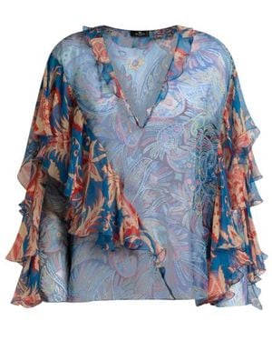 Etro Long-Sleeved Silk Blouse With Ruffles And Floral Motif - Blue