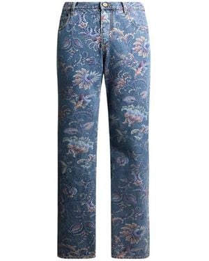 Etro Straight-Leg Cotton Denim Jeans With Floral Motif - Blue