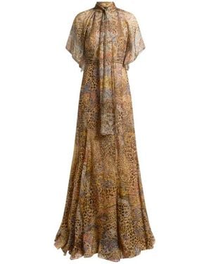 Etro Long Silk Dress With Silk Scarf And Paisley And Animal Motif - Natural
