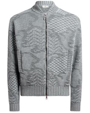 Etro Knit Wool-Blend Bomber Jacket With Motif - Gray