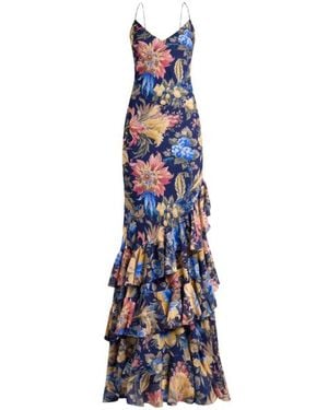 Etro Long Seersucker Dress With Ruffles And Floral Motif - White