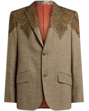 Etro Single-Breasted Wool-Blend Jacket With Placed Paisley Pochette Print - Green