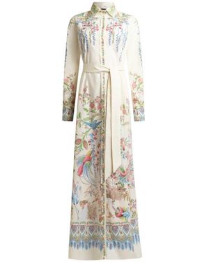 Etro Long Cotton Shirt Dress With Placed Flora And Fauna Print - White