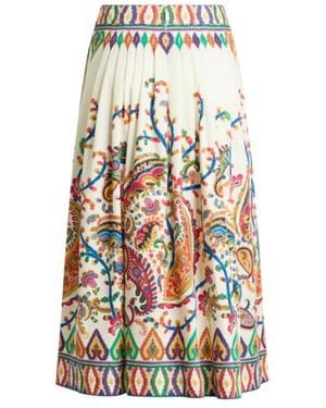 Etro Pleated Cotton Midi Skirt With Placed Floral Paisley Print - White