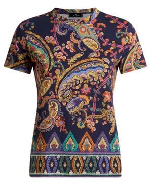 Etro Cotton T-Shirt With Floral Paisley And Medallion Motif - Blue