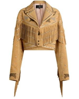 Etro Cropped Leather Jacket With Studs And Fringing - White