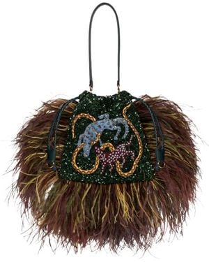 Etro Small Sequinned Kalispera Bag With Ostrich Feathers And Animal Embroidery - Green