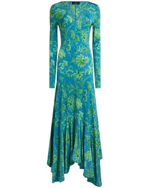 Etro Long Stretch Jersey Dress With Floral Motif - Green