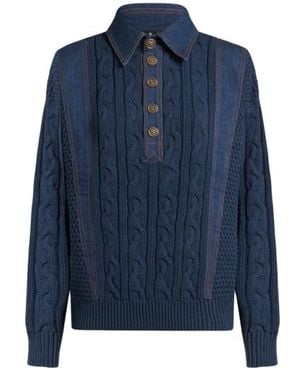 Etro Knit Polo Shirt With Denim Inserts - Blue