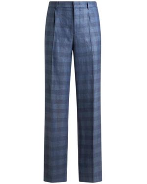 Etro Linen-Blend Jacquard Pants With Check Motif - Blue