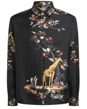 Etro Silk Twill Shirt With Placed Flower And Animal Print - Black