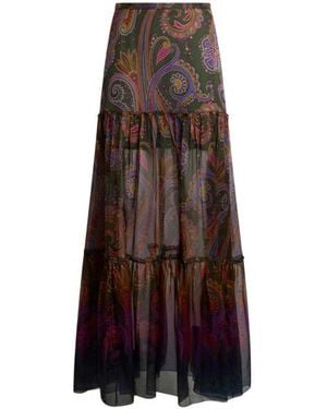 Etro Silk Maxi Skirt With Placed Paisley Print - Brown