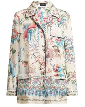 Etro Twill Shirt With Placed Flora And Fauna Print - White