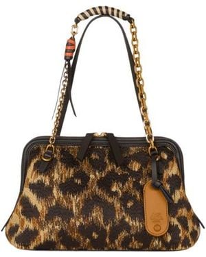 Etro Small Raffia Doc Bag With Animal Embroidery - Brown