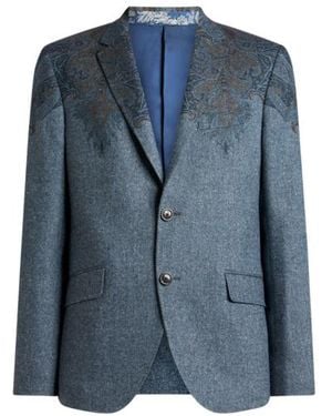Etro Single-Breasted Wool-Blend Jacket With Placed Paisley Pochette Print - Blue
