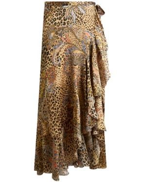 Etro Peau D'Ange Silk Midi Wrap Skirt With Paisley And Animal Motif - Natural