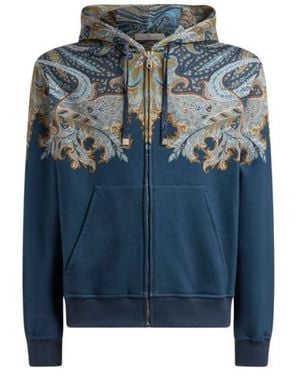 Etro Cotton-Blend Hooded Sweatshirt With Placed Paisley Pochette Print - Blue