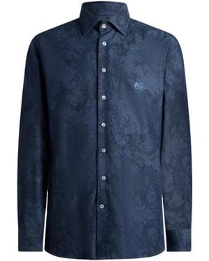 Etro Cotton Denim Shirt With Leafy Paisley Motif And Pegaso - Blue
