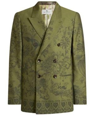 Etro Double-Breasted Wool Jacquard Jacket With Flora And Fauna Motif - Green
