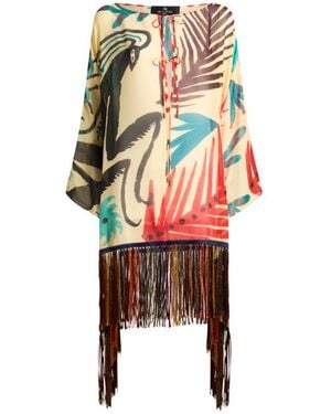 Etro X Tabby Booth Seersucker Cover-Up Dress With Fringing And Placed Print - White