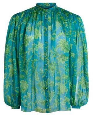 Etro Silk Shirt With Gathering And Floral Motif - Green