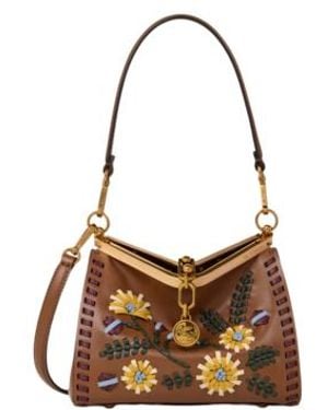 Etro Small Leather Vela Bag With Threading And Floral Motif - Natural