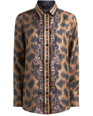Etro Silk Twill Shirt With Animal Motif - Brown